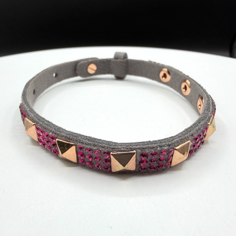 Gray Suede Studded Crystal Bracelet Rose Gold Tone Pink Rhinestone Gift Cuff